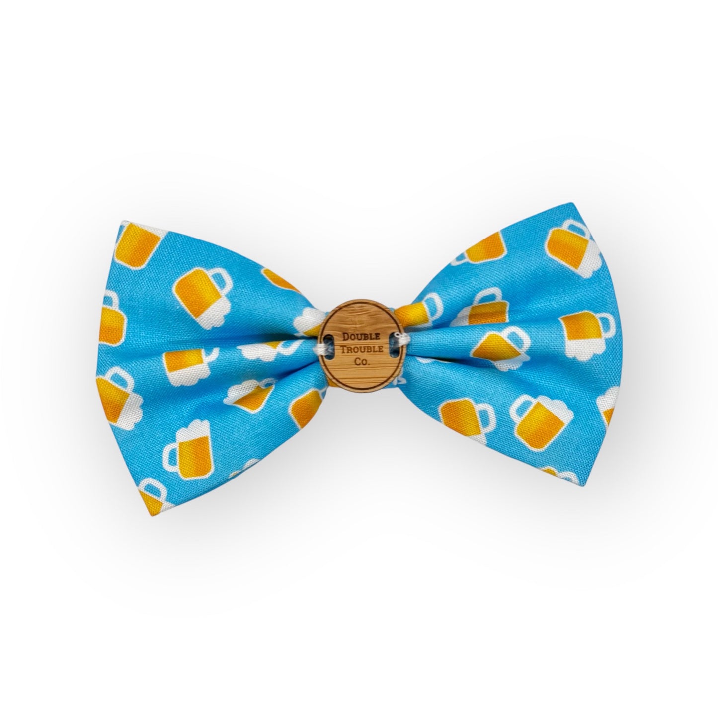 Sky Blue bow tie with images of beer pints on it in contrasting colours.