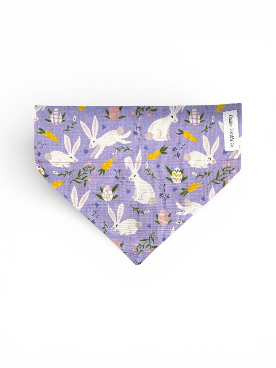 Purple bandana with white rabbit and floral pattern