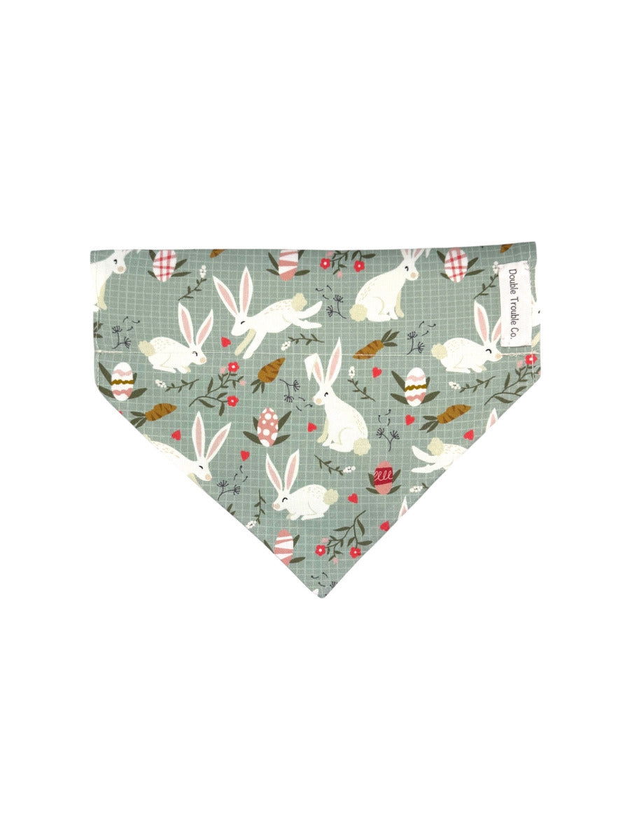 Dog bandana with bunny and Easter egg pattern on a light green background